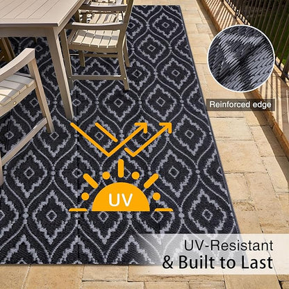 OLANLY Outdoor Rug 5x8 ft Waterproof, Outdoor Plastic Straw Rug with Geometric Pattern Clearance, Reversible RV Mat for Patio, Camping, Balcony, Deck, Backyard, Black & Grey