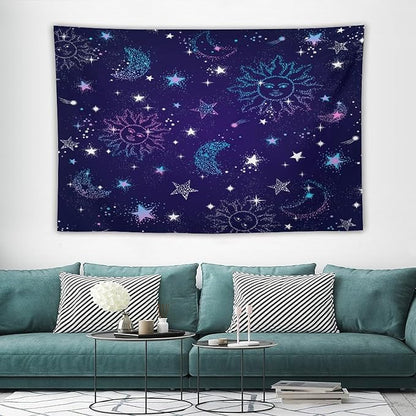 HZOHNAGO Boho Sun Moon Tapestry Purple Blue Sun Stars Galaxy Pattern Printed Wall Tapestry Wall Hanging for Bedroom Living Room Dorm 60" W x 40" H