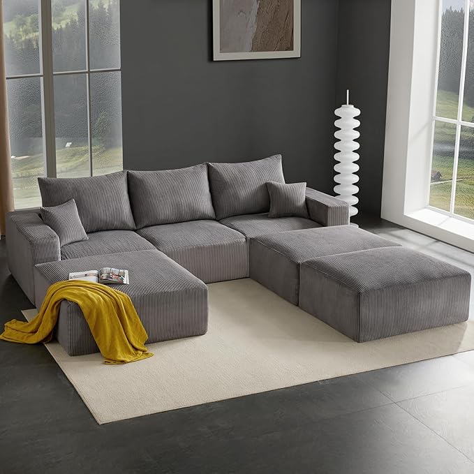 Boneless Sectional Cloud Couch Sofa Bed for Living Room, 112" Modular Modern Lounge 3 Seater Sleeper Grey Couches with Chaise, No Assemble, Cordury Compression Upholstered Sofas