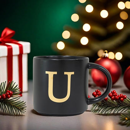 COLLECTIVE HOME - Monogram Ceramic Mugs, 15 oz Golden Initial Black Coffee Cups, Elegant Alphabet Tea Mugs, Elegant Personalized Mug with Gift Box, Unique Mug with Double Side Capital Lette (U)