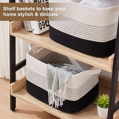 Storage Basket for Organizing, Woven Baskets for Storage, Rectangle Decorative Baskets for Shleves, Closet, Toys, Books, Nursery Organizer Bins - Pack of 3 (Gradient Black)