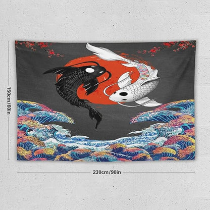 Houselerax Japanese Koi Fish Tapestries, Yin Yang Big Wave Cherry Blossom Tapestry Wall Hanging for Bedroom Living Room Office Decor 90"x60"