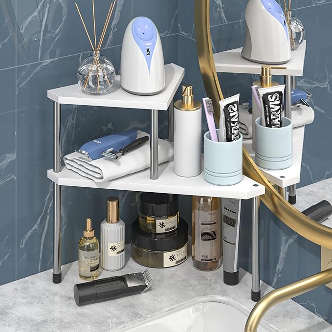 Weenson Bathroom Counter Organizer Over Sink for Toiletries Makeup, Kitchen Countertop Organizer Spice Rack for Salt, 2-Tier Corner Counter Shelf for Coffee Area Storage Dresser Table Bamboo