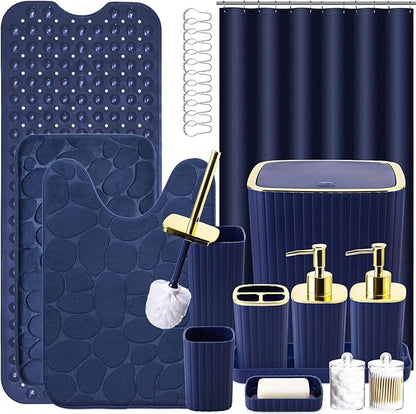 26PC Bathroom Accessories Set - Gorgeous Blue Bathroom Set, Bathroom Accessory Set, Navy Blue Shower Curtain Set with Bathtub Mats for Shower Tub