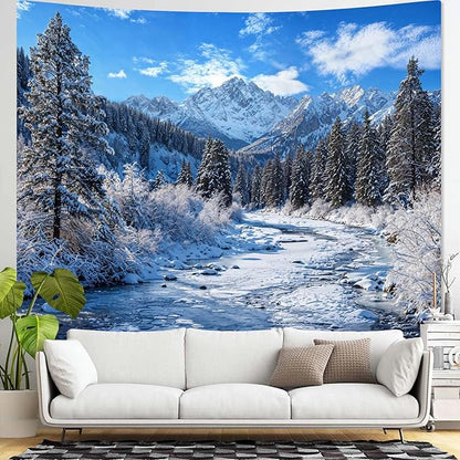 AMM Winter Forest Snow Mountain Tapestry Snowy Pine Tree Woodland Tapestry for Bedroom Aesthetic White Clouds Flowing River Landscape Tapestries Wall Hanging for Living Room Dorm Office 90 x 68 Inch