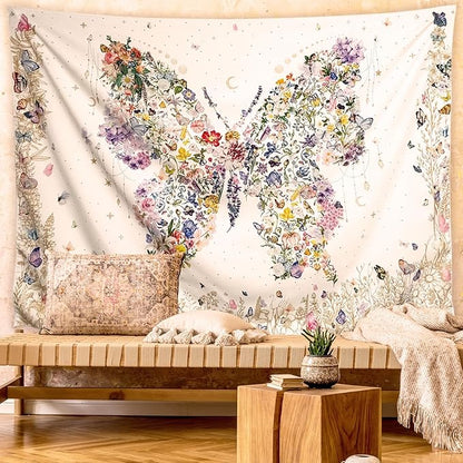 Damanse Butterfly Tapestry Wall Hanging Cute,Boho Wall Tapestry for Bedroom Aesthetic,Flower Living Room Decor for Teen Girls (White, 59.80" x 78.70")