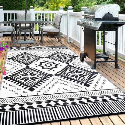 Waterproof Outdoor Rug 8x10ft, Boho Reversible Plastic Straw Mat for Patio RV Deck Porch Backyard Balcony Camping Picnic Beach Indoor Outdoor Carpet, Black&White