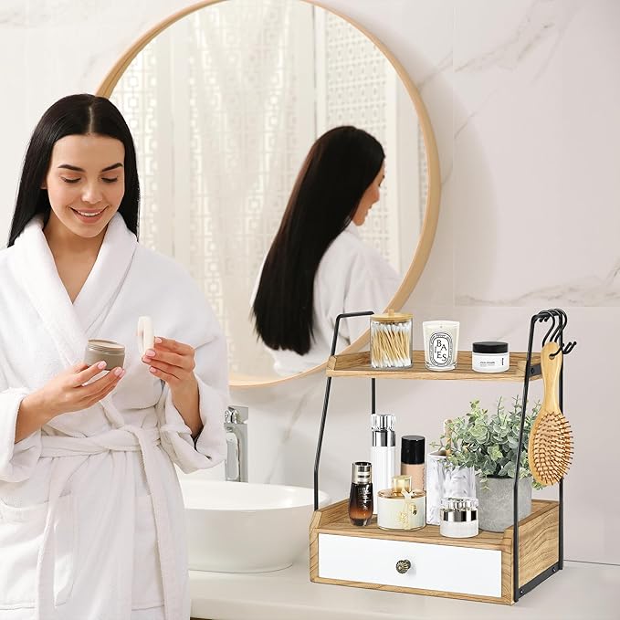 2 Tier Bathroom Counter Organizer with Drawer, Wood Bathroom Storage Shelf Counter for Cosmetic Vanity Tray Kitchen Spice Rack Coffee Station Organizer, Bathroom Decor