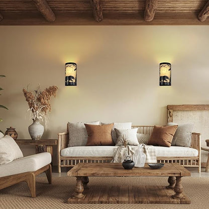 Black Wall Sconces Set of Two,Bear Metal Yellow Parchment Rustic Wall Sconces,Farmhouse Hallway Wall Light Fixtures,Industrial Wall Mount Lamp,Indoor Wall Lamps for Living Room,Bedroom,Porch