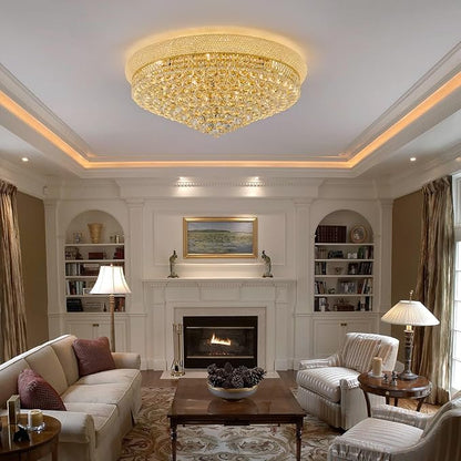 18-Light 32 inch Large Crystal Chandelier Flush Mount Ceiling Light Fixture for Living Room Dining Room Bedroom Foyer Entryway Gold Finish