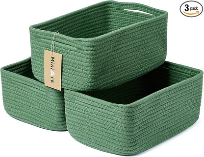 Small Storage Baskets for Organizing | Closet Organizer Bins | Shelf Toy Basket | Woven Rope Baskets | Cube Decorative Box | Shallow Basket | 13x8.5x5.1” | 3 Packs Green