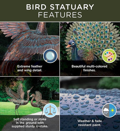 Regal Art & Gift Outdoor Garden Décor, Unique Bird Sculpture, Rustic Metal Bird Statues, Garden Ornaments, Bird Figurine for Lawn, Decorative Sculpture, Heron, Blue, Wings Up, 47"height