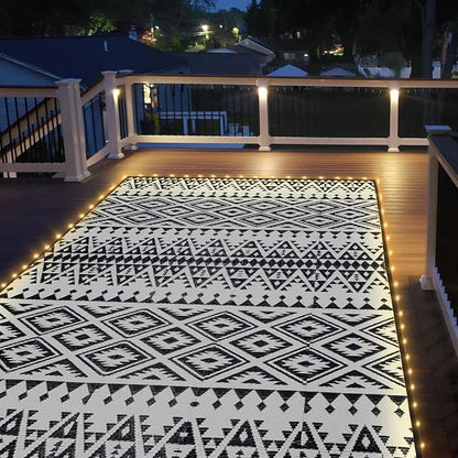 Outdoor Rug Mat with Led Strip Lights for Patio, 8x10ft Waterproof Reversible Plastic Straw Rugs, Camping Carpet Area Mats for RV, Porch, Deck, Backyard, Balcony, Camper, Black & White