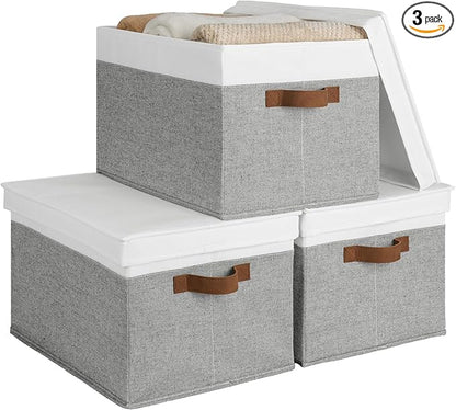 StorageWorks Storage Bins with Lids, Decorative Storage Boxes with Lid and PU Handles, Foldable Storage Baskets for Closet, Shelves, Stackable, Gray and White, Jumbo, 3-Pack