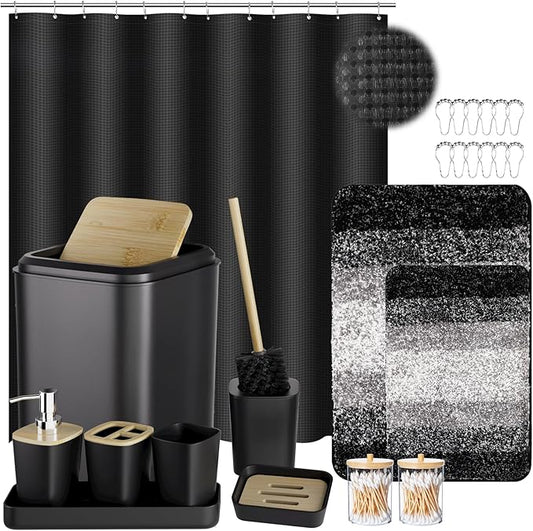 24PCS Bathroom Sets with Shower Curtain and Rugs,Black Bathroom Accessories Set Waterproof Black and White Shower Curtain Set, Toilet Brush, Trash Can & Bathroom Rug