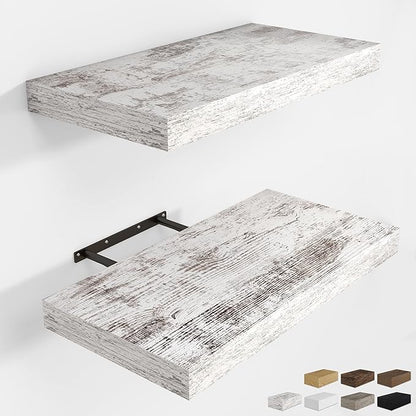RICHFOCUS 16Inch Floating Shelves for Wall 2 Pack Shelves for Bedroom|Kitchen|Bathroom Wall Mounted Rustic Distressed Wood Floating Shelf with Invisible Brackets for Books|Storage|Decor, Rustic