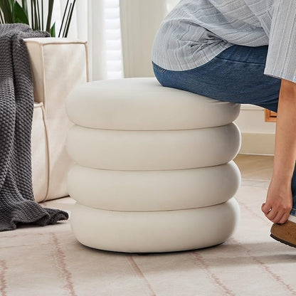 ONEVOG Round Storage Ottoman, 20" Small Ottomans Table with Removable Lid, Velvet Fabric Soft Footrest Stool for Couch, Upholstered Stuffed Circle Seat for Living Room/Bedroom/Dorm/Vanity, Lvory White