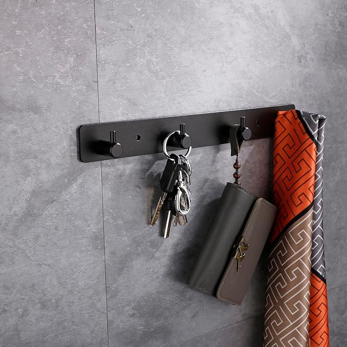 Black 4 Wall Hooks, Matte Black Bathroom Hook Rail, Self Adhesive Key Hook Rack Hanger Towel Robe Stick Hooks for Toilet Entryway Hallway Kitchen Wall Mounted