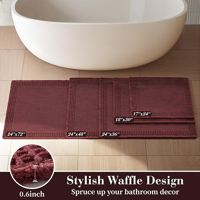 RESARE Waffle Bath Mat for Bathroom, Super Absorbent Bathroom Rugs Non Slip Machine Washable, Ultra Soft Quick Dry Boho Bath Rugs with Tassels for Floor, Upgraded Bordered Design, 18"x30" Dark Red