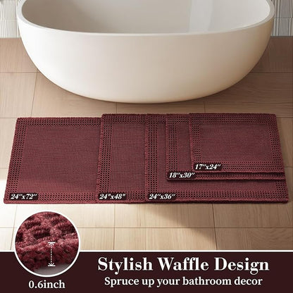 RESARE Waffle Bath Mat for Bathroom, Super Absorbent Bathroom Rugs Non Slip Machine Washable, Ultra Soft Quick Dry Boho Bath Rugs with Tassels for Floor, Upgraded Bordered Design, 18"x30" Dark Red