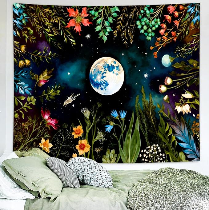 Delur Moonlit Garden Tapestry Boho Moon Floral Plant Tapestry Wall Hanging Colorful Flower Botanical Nature Night Landscape Headboard for Bedroom Living Room Home Decor (51.2" x 59.1")