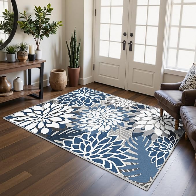 Area Rug 3x5 Blue White Washable Entry Rug Multicolored Tropical Botanical Modern Floral Indoor Kitchen Door Mat Entrance Carpet Non Slip for Bedroom Living Room, Porch