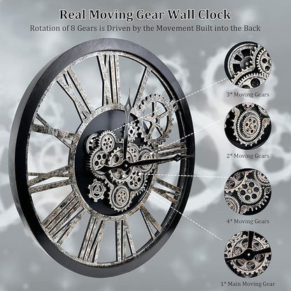 HOIBAI Large Wall Clock, Wall Clocks for Living Room Decor 36 Inch Farmhouse Vintage Rustic Kitchen Wall Decor Vintage Roman Oversized Wall Clock for Home Bedroom House, Moving Gears Clock