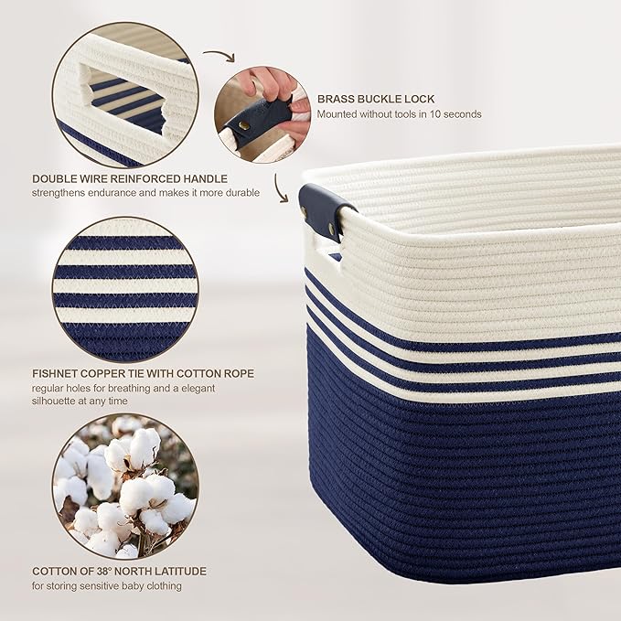 45L Small Laundry Basket with Leather Handles for Living Room Storage, Woven Rope Baskets Bin for Blanket, Kids Toy, Gifts, Wicker Hamper for Bedroom Dirty Clothes, 18"x14"x11" White Navy