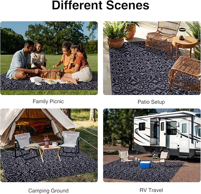 OLANLY Outdoor Rug Waterproof 5x8 ft Clearance, Reversible Outdoor Plastic Straw Rug with Floral Pattern, RV Mat for Patio, Camping, Balcony, Deck, Backyard, Black & Grey