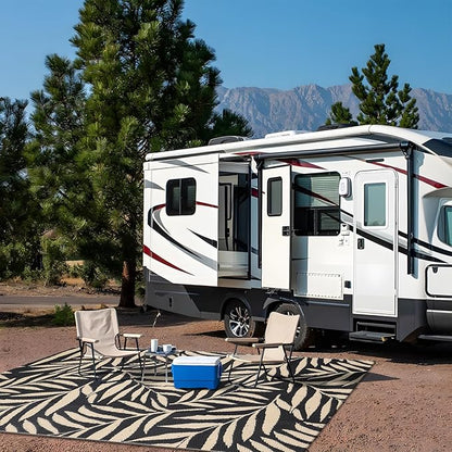 OLANLY Waterproof Outdoor Rug 5x8 ft, Reversible Outdoor Plastic Straw Rug with Leaf Pattern, RV Mat, Indoor Outdoor Carpet for Patio, Camping, Balcony, Deck, Backyard, Black & Beige