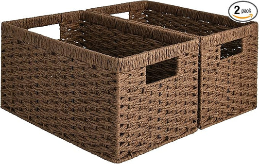 StorageWorks Round Paper Rope Storage Baskets, Rectangular Wicker Baskets with Built-in Handles, Medium, 2-Pack