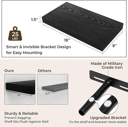 RICHFOCUS 16Inch Floating Shelves for Wall 2 Pack Shelves for Bedroom|Kitchen|Bathroom Wall Mounted Rustic Wood Floating Shelf with Invisible Brackets for Books|Storage|Decor, Black