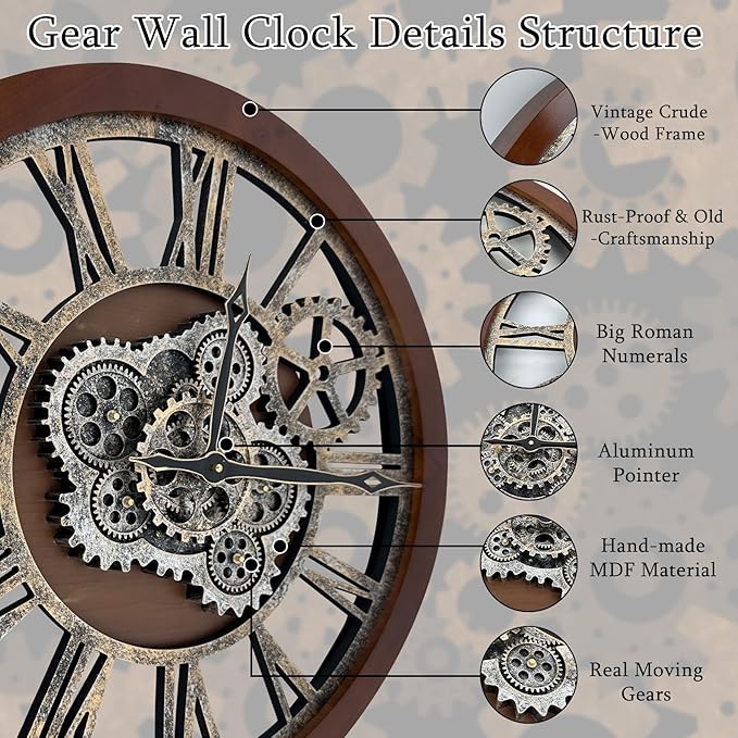 HOIBAI Large Wall Clock, 24 Inch Wall Clocks for Living Room Decor Farmhouse Vintage Rustic Kitchen Wall Decor Vintage Roman Big Oversized Wall Clock for Home Bedroom House Office, Moving Gears Clock