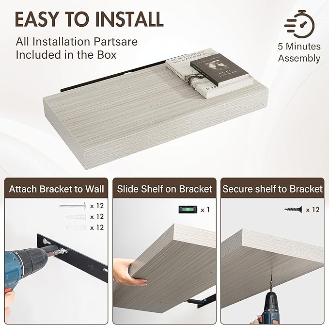 24 Inch Floating Shelves, 12" Deep Floating Shelf Wall Mounted, 24" Wall Shelves, Rustic Deep Bookshelf, Extra Deeper & Thicker Display Shelves for Bedroom, Living Room, Gray, Set of 2