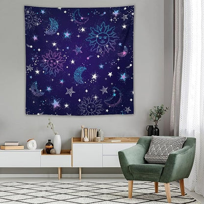 HZOHNAGO Boho Sun Moon Tapestry Purple Blue Sun Stars Galaxy Pattern Printed Wall Tapestry Wall Hanging for Bedroom Living Room Dorm 60" W x 60" H