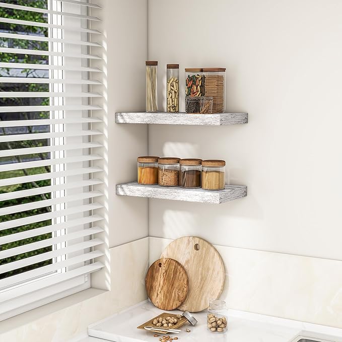 RICHFOCUS 16Inch Floating Shelves for Wall 2 Pack Shelves for Bedroom|Kitchen|Bathroom Wall Mounted Rustic Distressed Wood Floating Shelf with Invisible Brackets for Books|Storage|Decor, Rustic