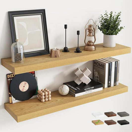 40 Inch Floating Shelves for Wall Set of 2, 8"D Wood Grain Bathroom Shelves with Invisible Brackets, Easy Install Engineered Wood Storage Shelves for Kitchen, Living Room, Bedroom, Oak Finish
