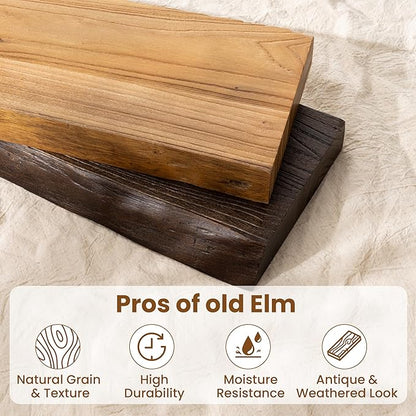 24" Floating Shelves, Live Edge Solid Elm Wood Floating Shelf, Wall Mounted Display Shelves with Heavy-Duty Bracket for Books, Rustic Wooden Shelf for Kitchen, Bathroom, Natural Color, Set of 2