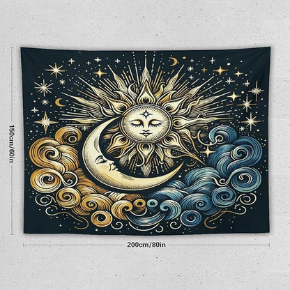 HZOHNAGO Sun Moon Tapestry Boho Golden Stars Pattern Printed Wall Tapestry Wall Hanging for Bedroom Living Room Dorm 80" W x 60" H
