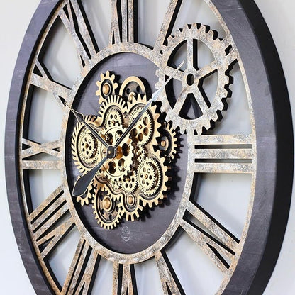 The Gears Clock 36'' Inch Real Moving Gear Wall Clock Vintage Industrial Oversized Rustic Farmhouse (Vintage Black Wood and Bronze)