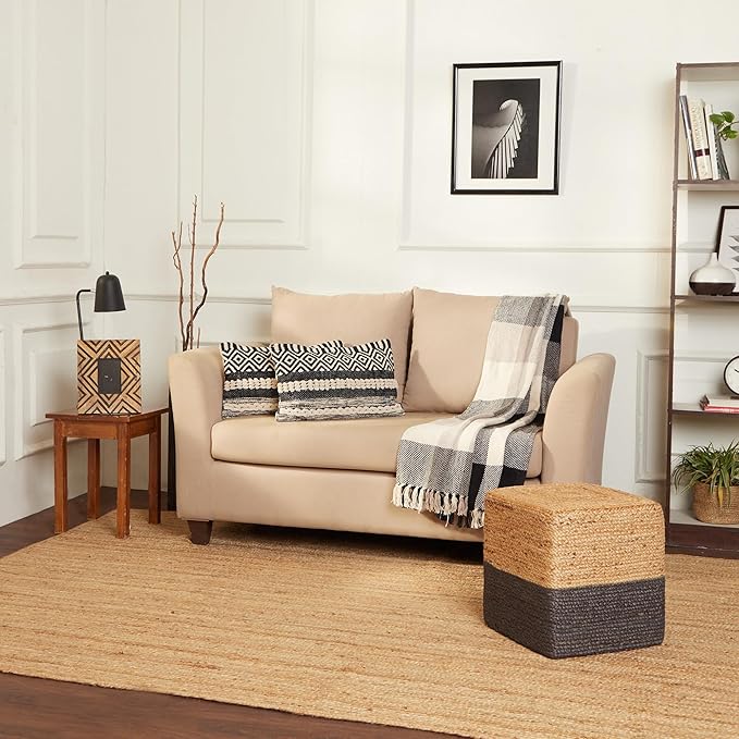 REDEARTH · Cube Pouf Foot Stool Ottoman - Jute Braided Pouffe Poof Accent Sitting Footrest for The Living Room, Bedroom, Nursery, Patio, Lounge & Other Rooms (14.5”x14.5”x16”; Natural Gray)