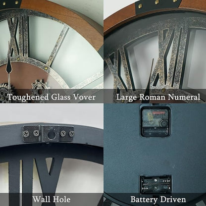 30 Inch Moving Gear Wall Clock, Oversized Wall Clocks, Clock Living Room Decor, Solid Wood Frame, Battery Operated, Large Wall Clock with Steampunk Industrial for Fireplace(Machilus)