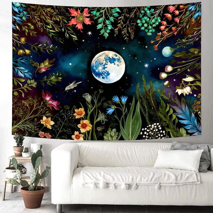 Delur Moonlit Garden Tapestry Boho Moon Floral Plant Tapestry Wall Hanging Colorful Flower Botanical Nature Night Landscape Headboard for Bedroom Living Room Home Decor (51.2" x 59.1")