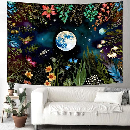 Delur Moonlit Garden Tapestry Boho Moon Floral Plant Tapestry Wall Hanging Colorful Flower Botanical Nature Night Landscape Headboard for Bedroom Living Room Home Decor (59.1" x 78.7")