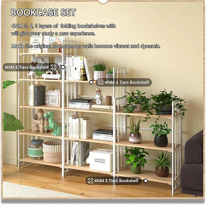 4NM No Assembly 3 Tiers Folding Bookshelf, 35" H Foldable Storage Shelves Vintage Bookcase Standing Racks Study Organizer Home Office - Natural White