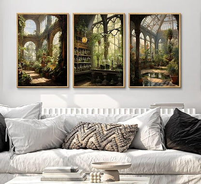 3pcs William Morris Green Plants Canvas Wall Art Medieval Castle Posters Prints Gothictalian Landscape Painting Pictures Paintings Wall Decor for Living Room Bathroom Bedroom Decoration Unframed