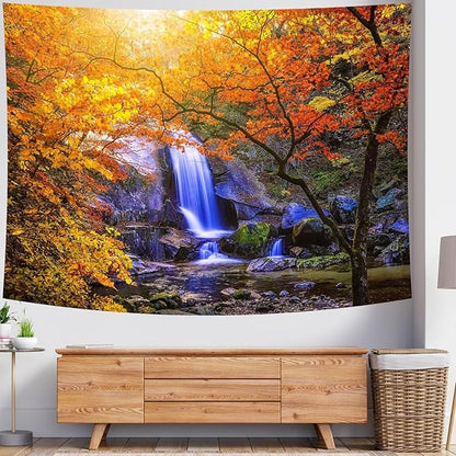 Delur Waterfall Tapestry Forest Nature Scenic Tree Mountain Sunset Tapestry Wall Hanging Natural Landscape Sunrise Headboard for Bedroom Living Room Home Decor (70.8" x 92.5")