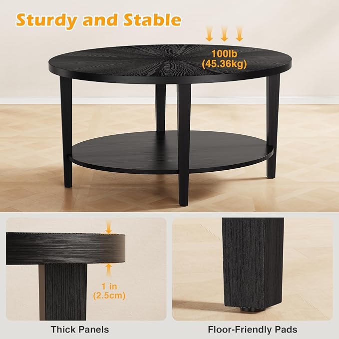 Solid Wood Oval Coffee Table for Living Room, 2 Tier Oval Rustic Coffee Table with Storage Shelf, Double Layer Center Table for Living Room, Easy Assembly