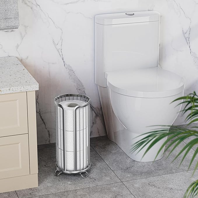 Toilet Paper Holder Stand, Freestanding Toilet Tissue Organizer, Minimalistic Storage Solution, Reserve Mega Rolls,Modern -2PACK Silver