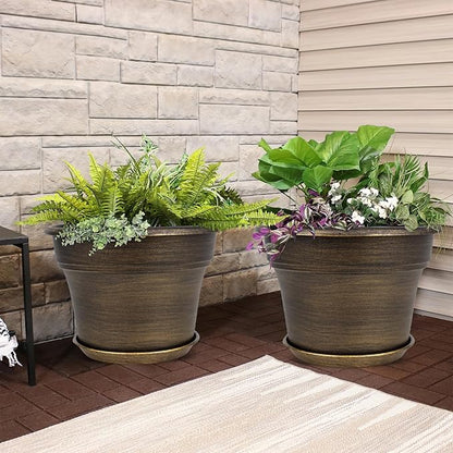 Plant Planters Pots Set of 4 Pack 10 Inch, Plastic Flower Pot for Indoor Plants with Drainage Holes & Trays, Resin Decorative Container Sets with Saucer for House Outdoor Garden Planters Dark Gold